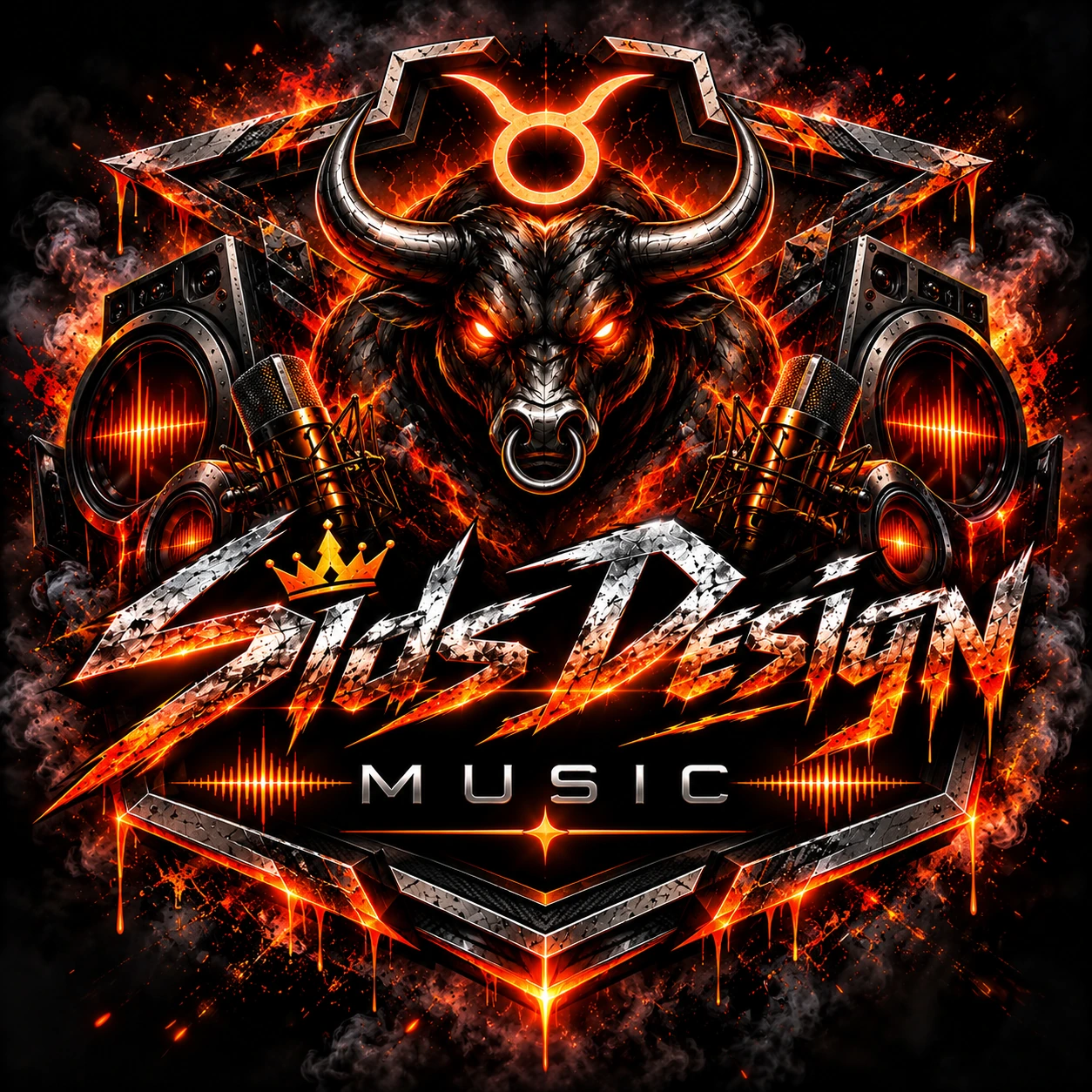 Sids Design Music – feuriger Stier, Lautsprecher und Mikrofone