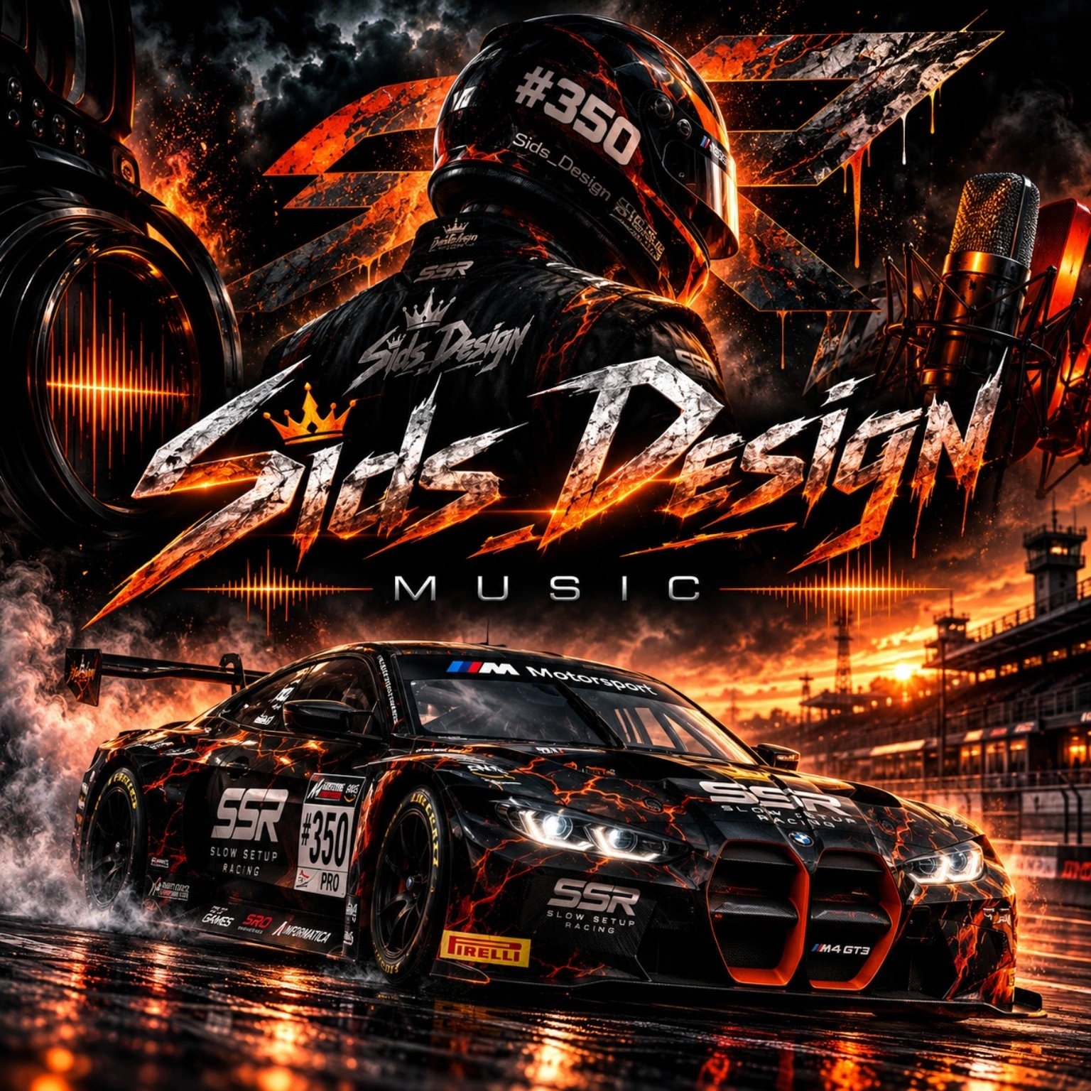 Sids Design Music – Originalmotiv mit Rennfahrer, Mikrofon und BMW M4 GT3 #350
